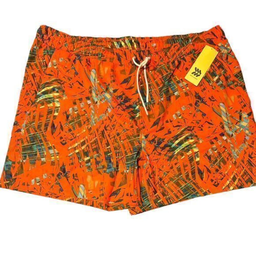 All in Motion Men's 2XL Orange Tropical Hawaiian Swim Shorts Birds Leaves UPF